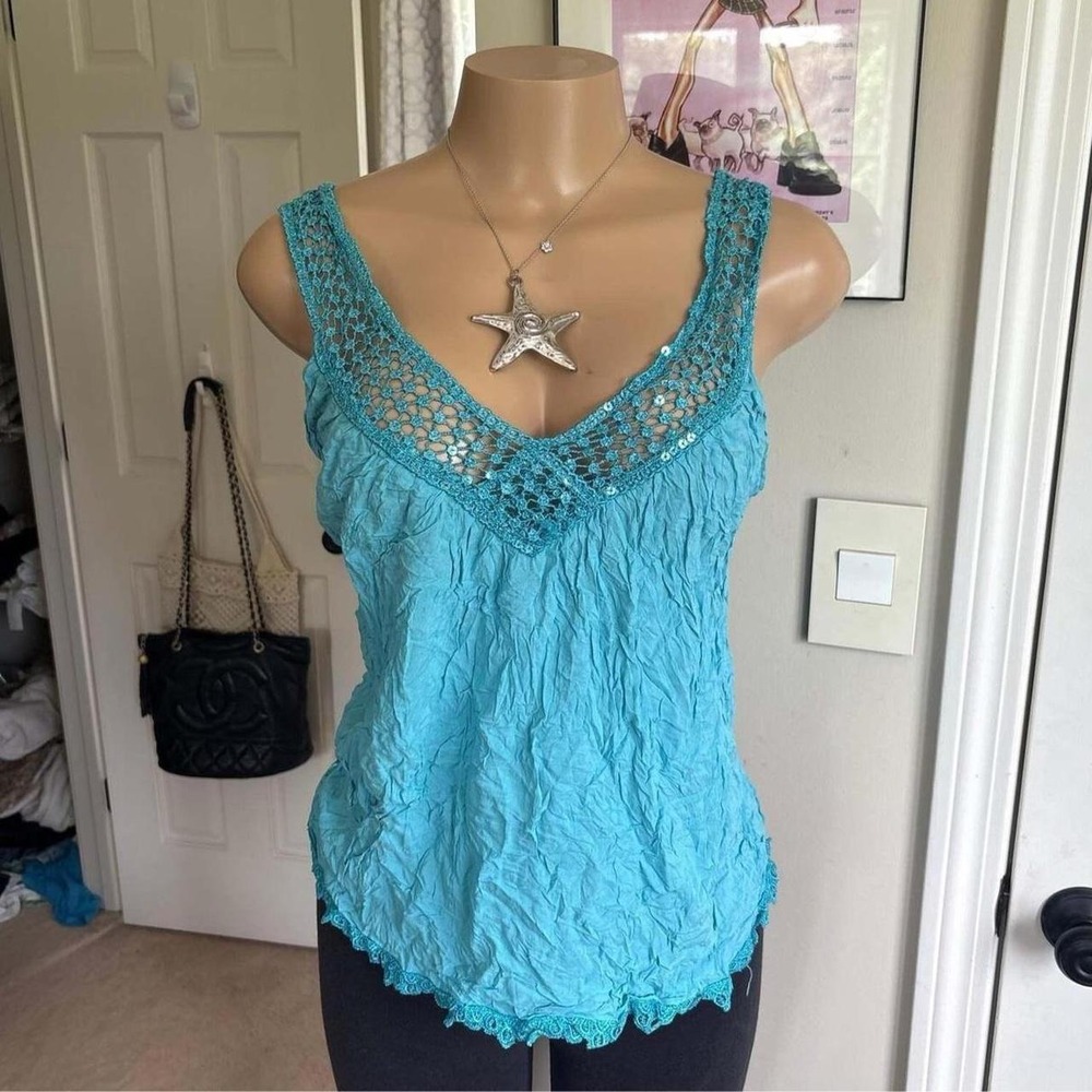 y2k 2000s fairy turquoise crochet sequin sequin tank top